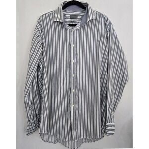 THOMAS DEAN Mens XL Striped Dress Sport Shirt Contrast Flip Cuff 100% Cotton‎